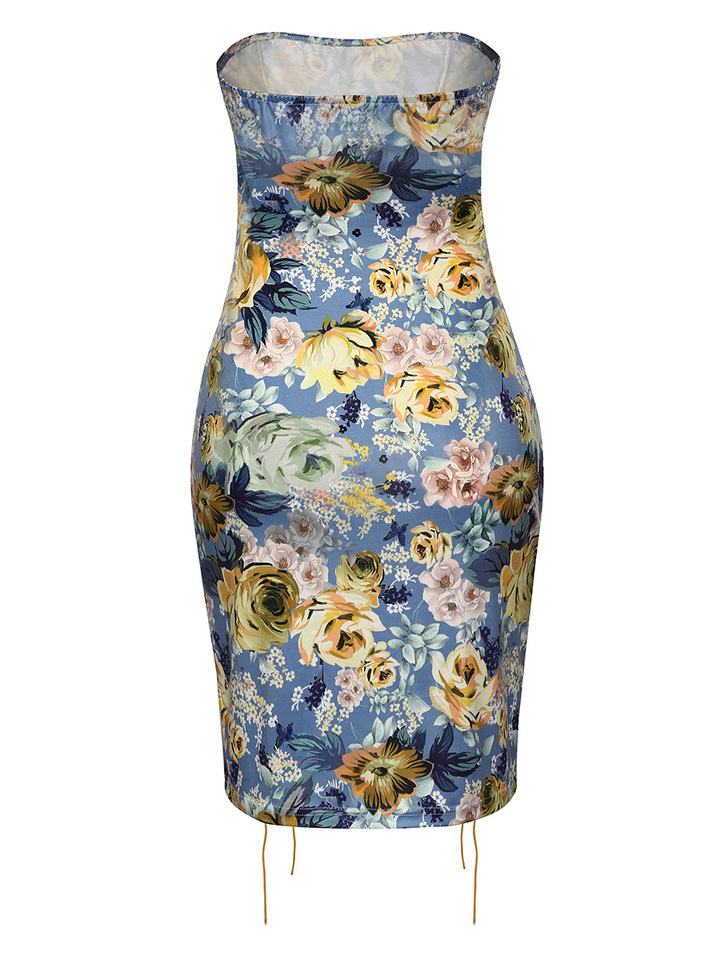 women sexy strapless knee-length dress lady summer evening party beach night club print dress brand