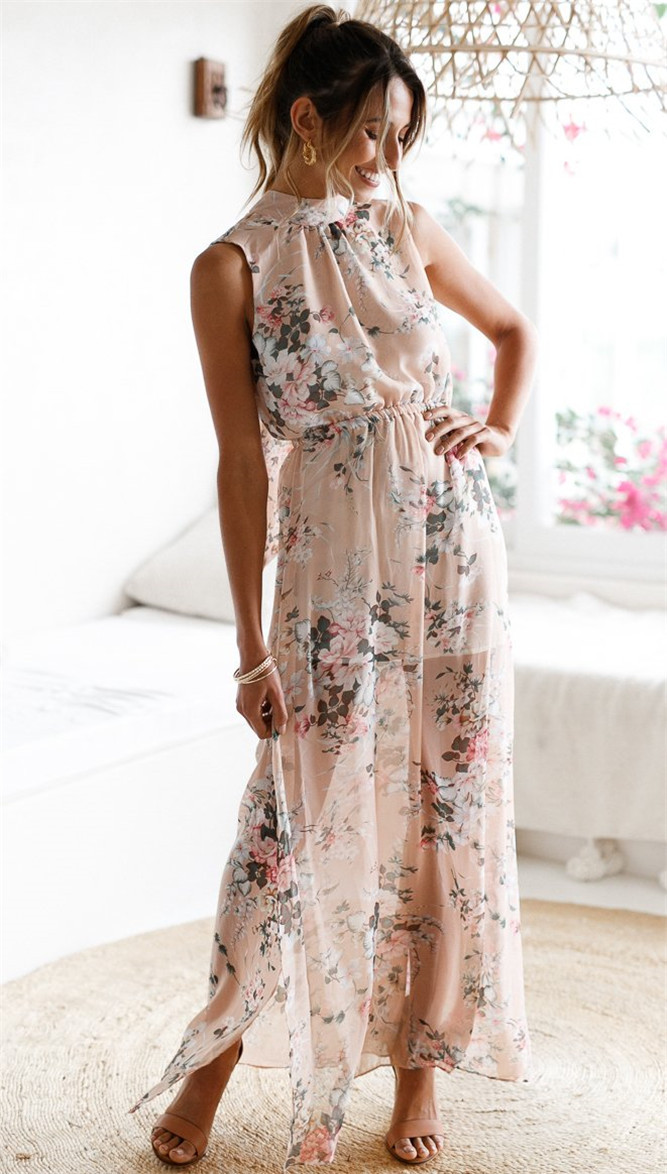 women sexy chiffon sleeveless o-neck long split print dress lady elegant evening party holiday dress