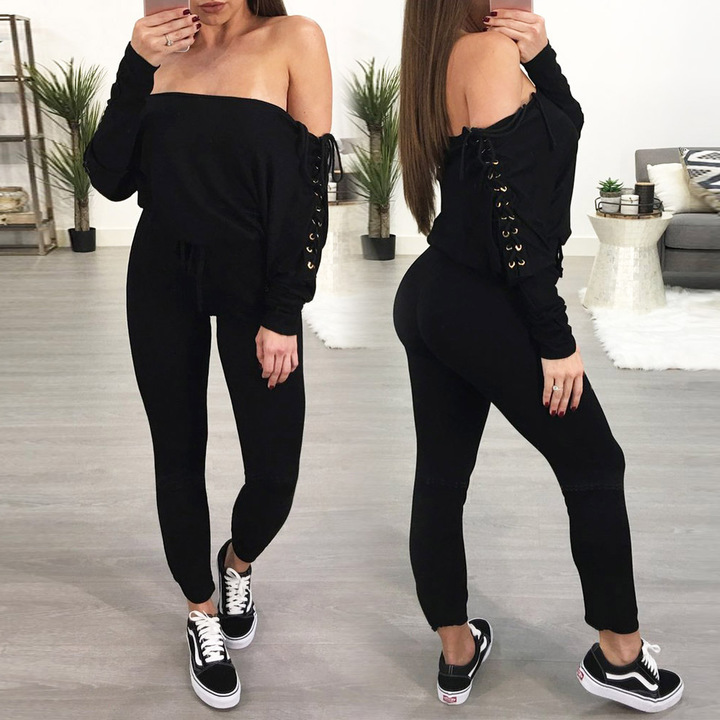 Women long sleeve slash neck skinny ankle-length pants jumpsuit casual party pant jumpsuit brand
