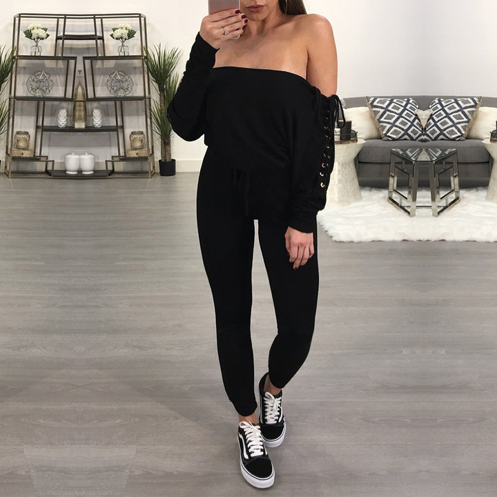 Women long sleeve slash neck skinny ankle-length pants jumpsuit casual party pant jumpsuit brand