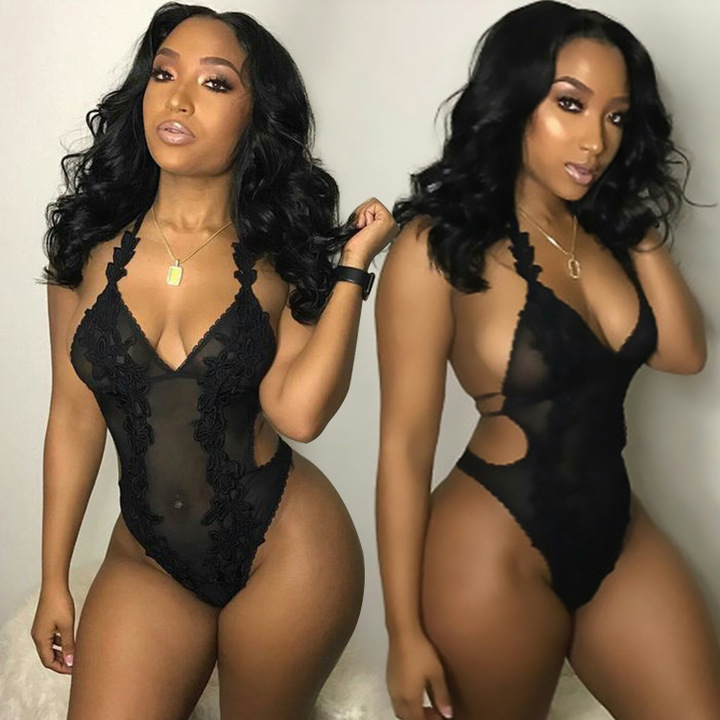 Sexy lingerie deep V lace yarn splicing pants playsuit night club evening party leisure jumpsuit