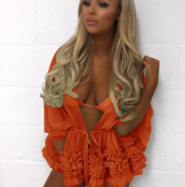 women sexy Chiffon Bikinis beach Batwing Sleeve tops t-shirt lady evening party pure color tops