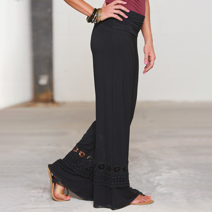 women lace embroidery patchwork wide leg pants trousers loose full length work office formal pant