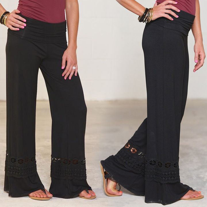 women lace embroidery patchwork wide leg pants trousers loose full length work office formal pant