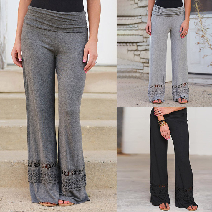 women lace embroidery patchwork wide leg pants trousers loose full length work office formal pant