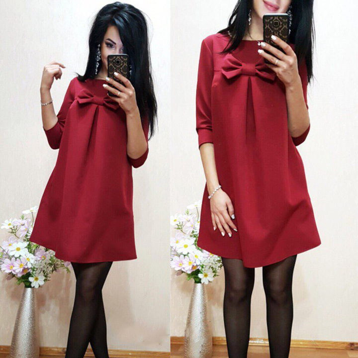 women sexy half sleeve o-neck bow tie dress lady holiday office casual evening party dress