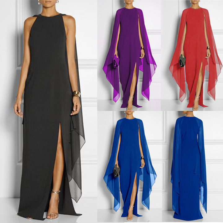 new long loose chiffon dress pure color batwing sleeve dress night club evening party maxi dress