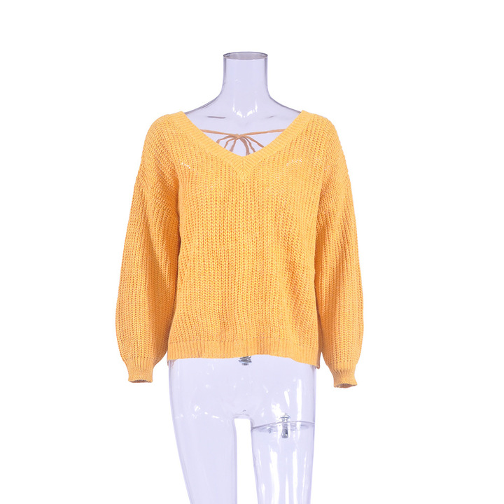 autumn winter v neck long sleeve sweater tops loose casual leisure backless tops sweater