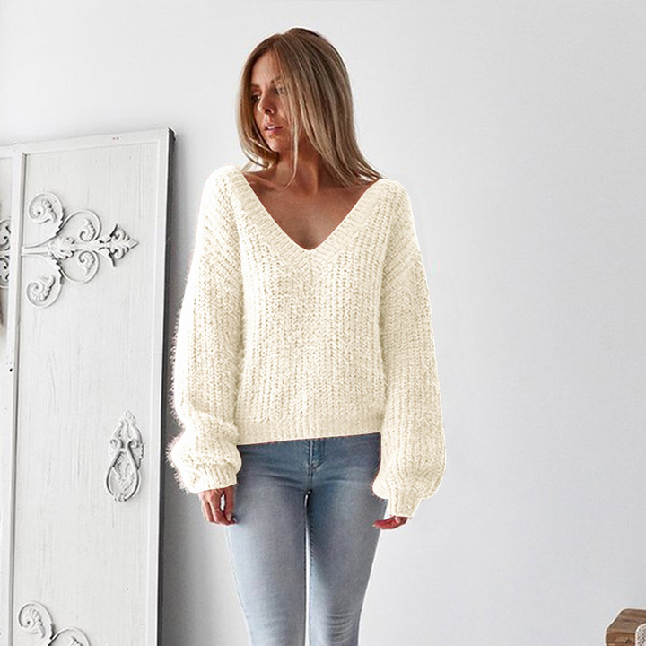 autumn winter v neck long sleeve sweater tops loose casual leisure backless tops sweater