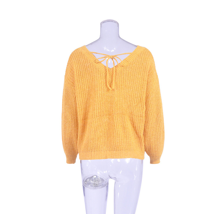 autumn winter v neck long sleeve sweater tops loose casual leisure backless tops sweater