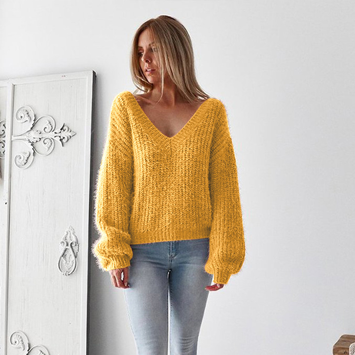 autumn winter v neck long sleeve sweater tops loose casual leisure backless tops sweater