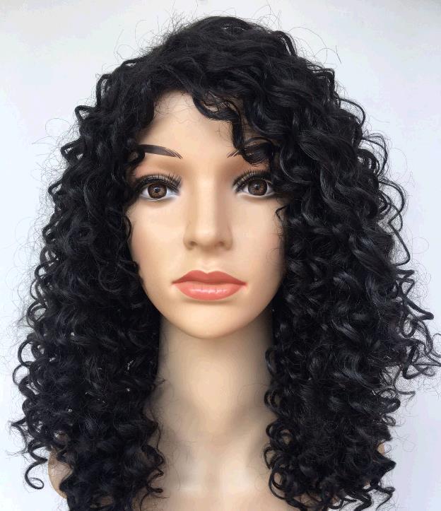 Black wig girl with small curly black medium long hair wigs