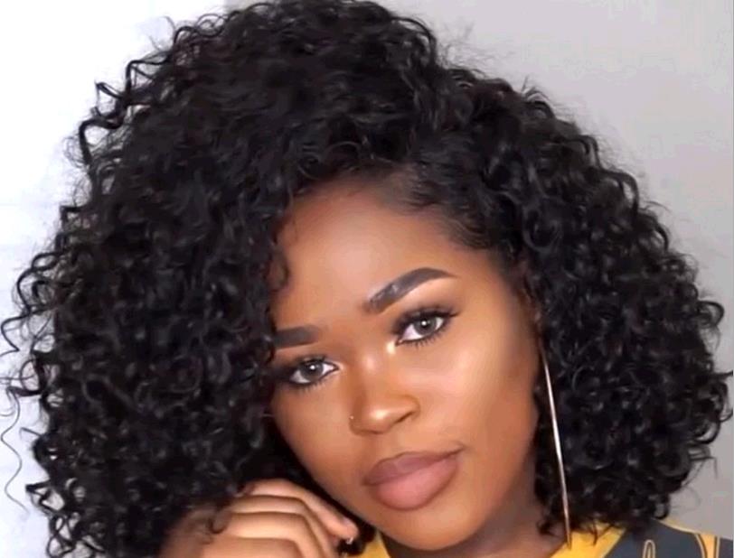 Black wig girl with small curly black medium long hair wigs