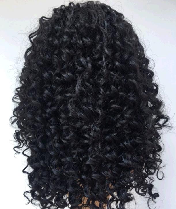 Black wig girl with small curly black medium long hair wigs