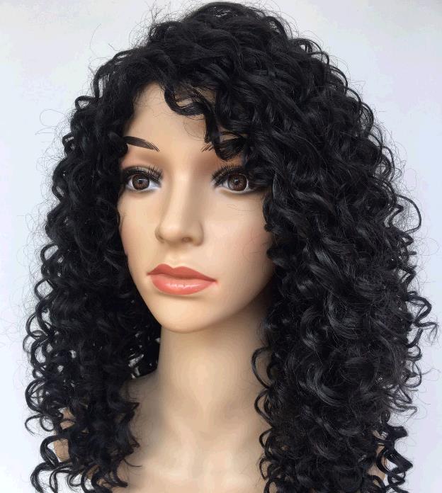 Black wig girl with small curly black medium long hair wigs