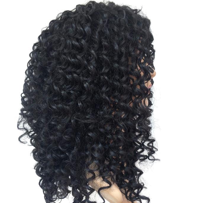 Black wig girl with small curly black medium long hair wigs