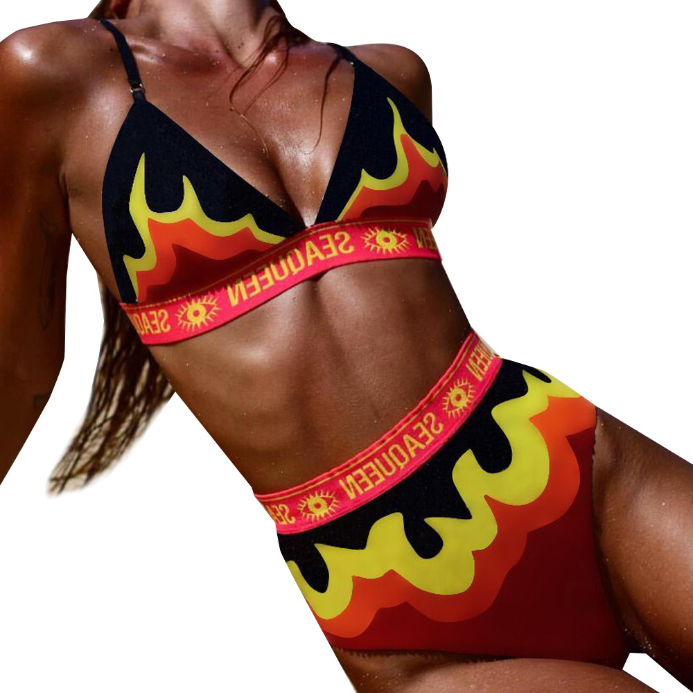 Summer Swimsuit Gradual Flame Alphabet Printed Bikini Split Swimsuit Two Piece Set Swimsuit Swimwear