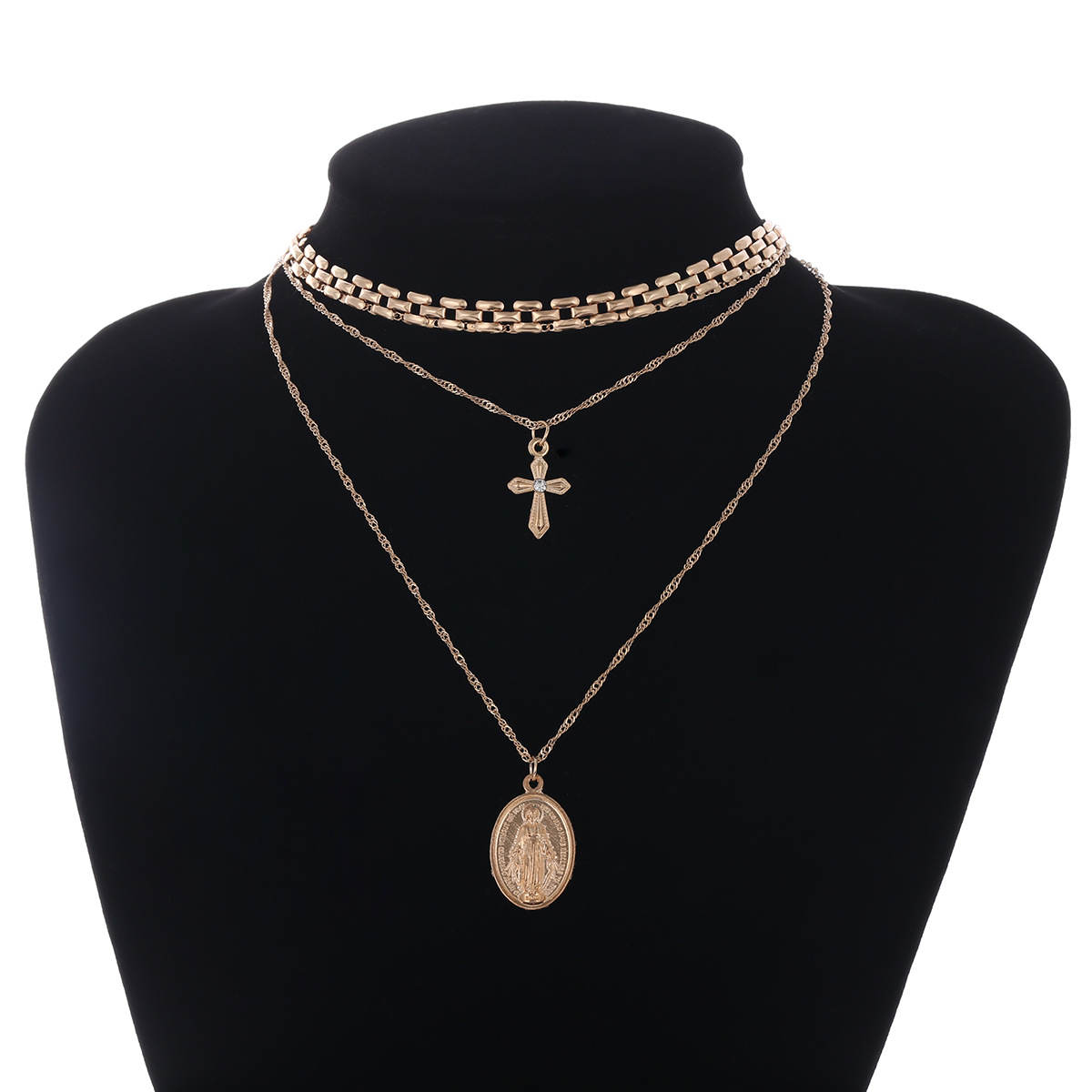 Retro-exaggerated personality Eurofane necklace multi-layer Pendant Notre Dame Cross necklace