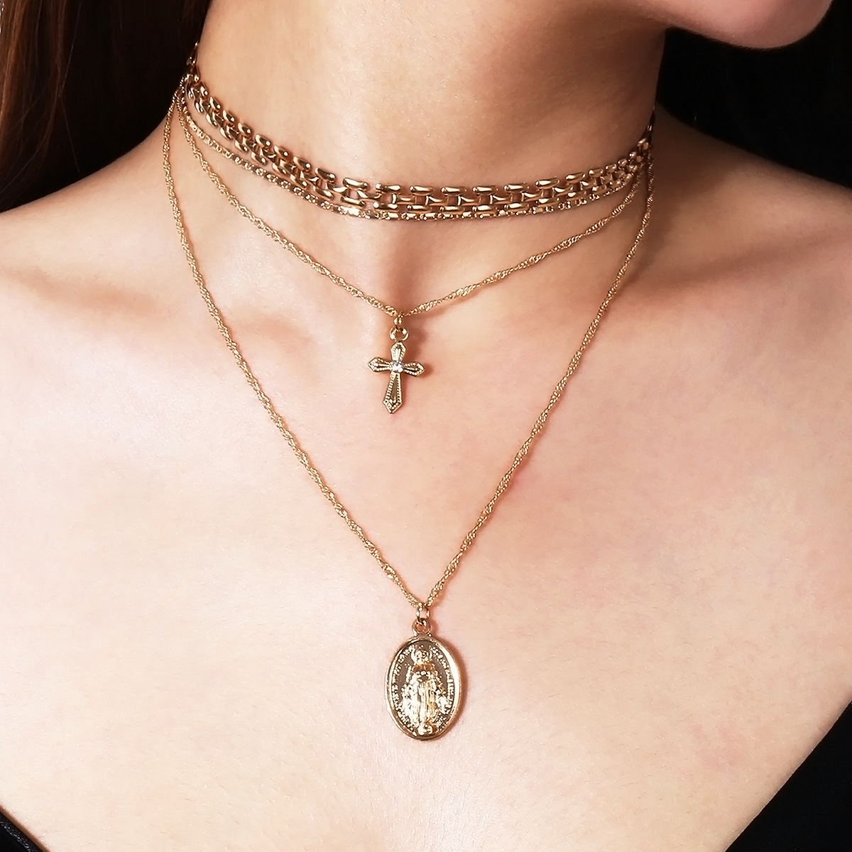 Retro-exaggerated personality Eurofane necklace multi-layer Pendant Notre Dame Cross necklace