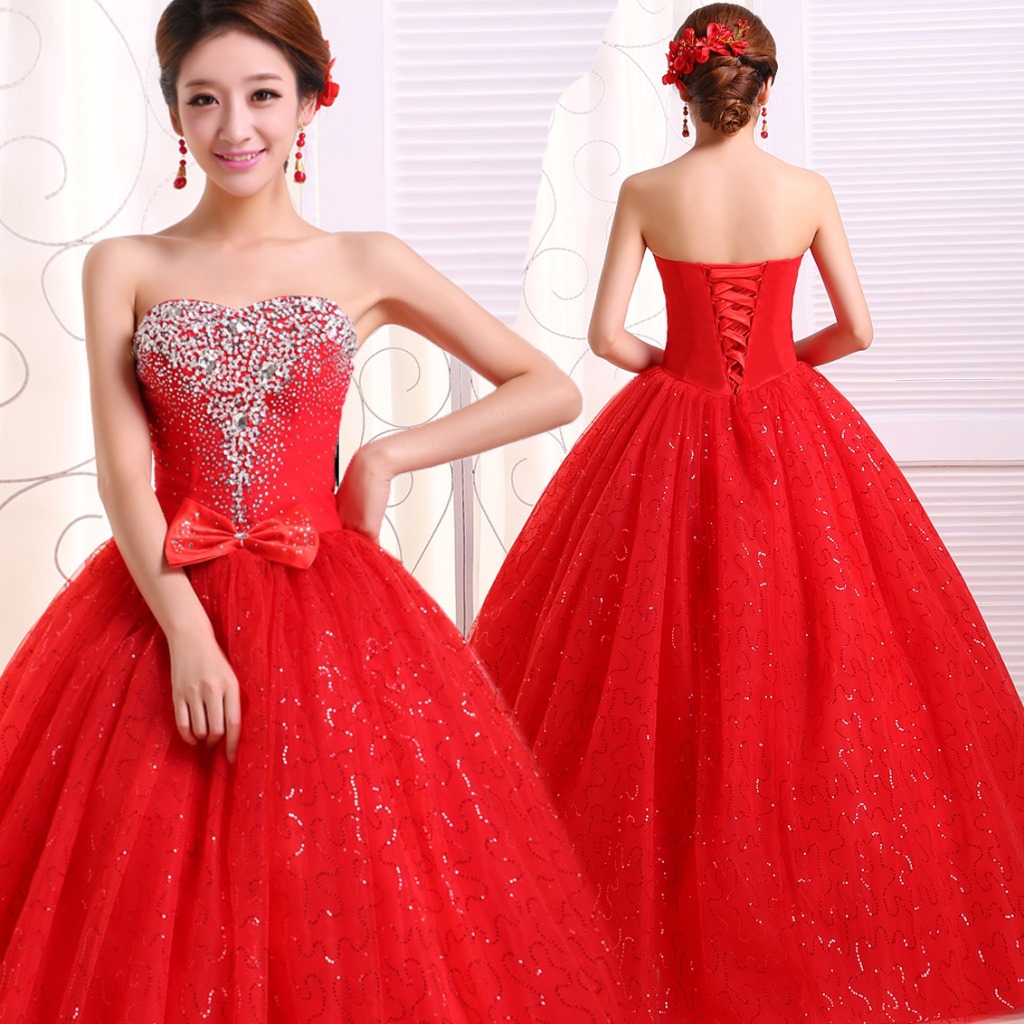 Autumn new big red plaid bride strapless wedding dress large size fluffy maxi wedding dress