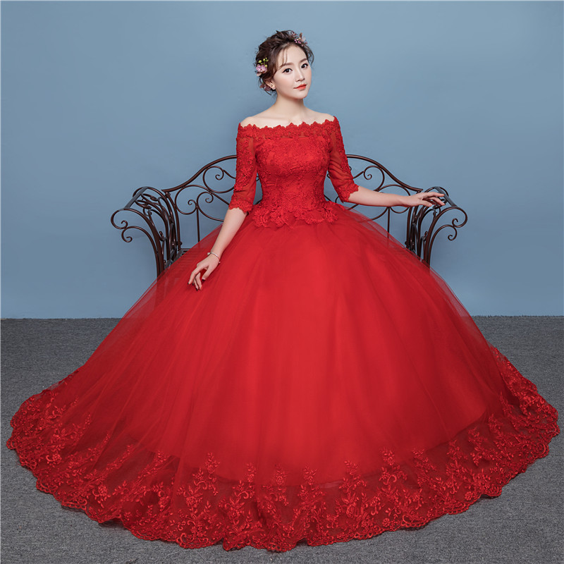 women slash neck red wedding dress new bride wedding yarn large size thin maxi wedding dress