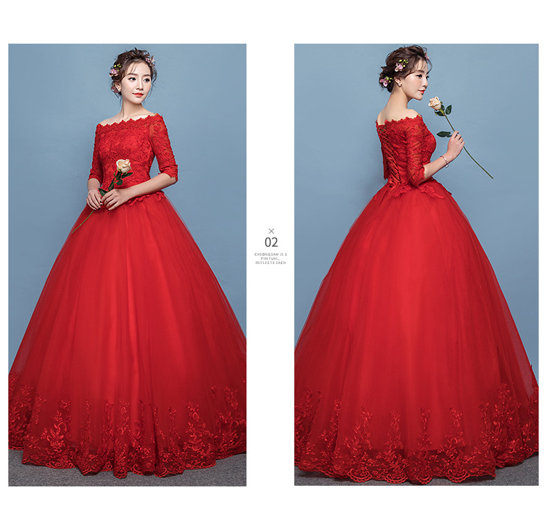 women slash neck red wedding dress new bride wedding yarn large size thin maxi wedding dress