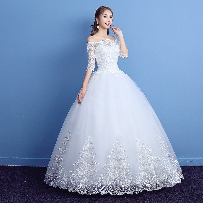 Wedding dress new slash neck middle sleeves Korean bride maxi show thin wedding dress