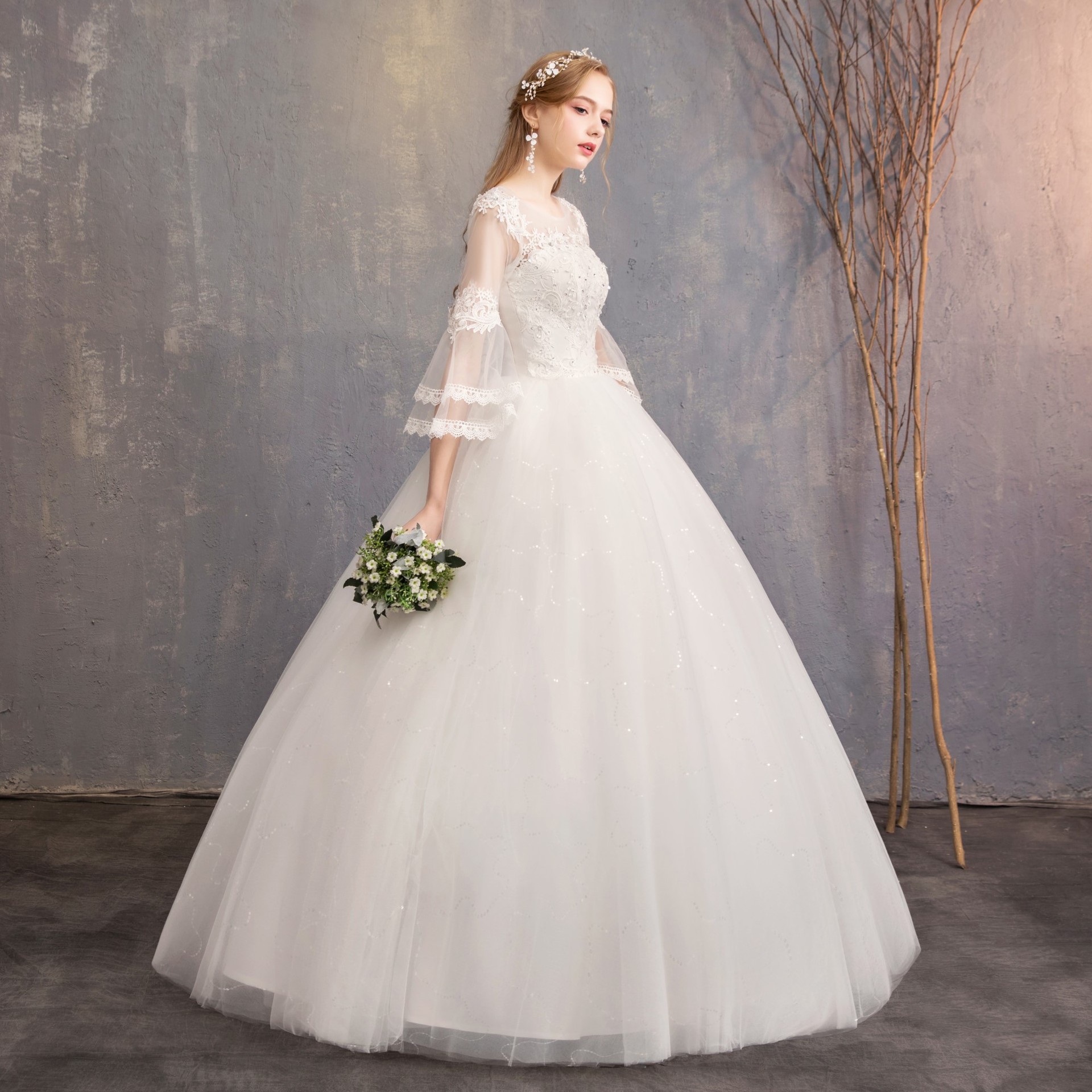 Wedding dresses 2019 New style shoulder sleeves Korean-style bride O neck wedding dress