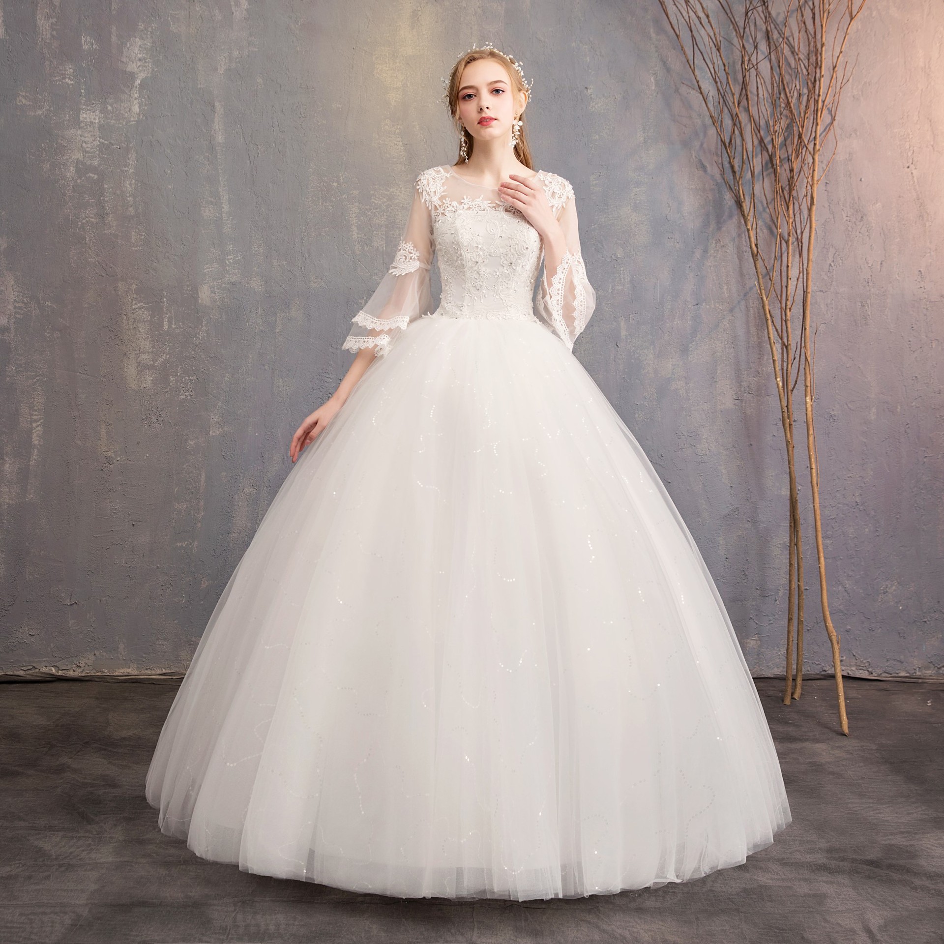 Wedding dresses 2019 New style shoulder sleeves Korean-style bride O neck wedding dress