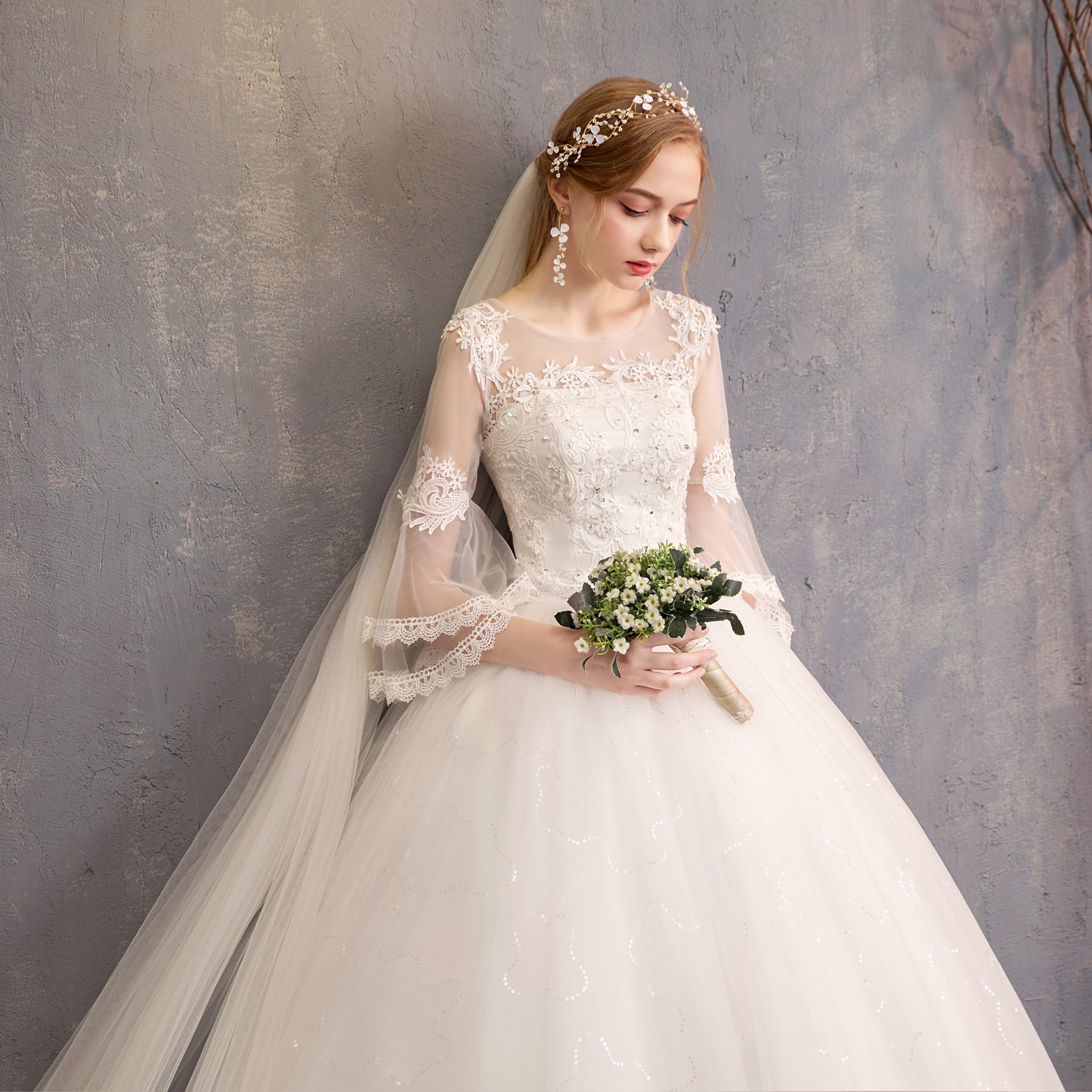 Wedding dresses 2019 New style shoulder sleeves Korean-style bride O neck wedding dress
