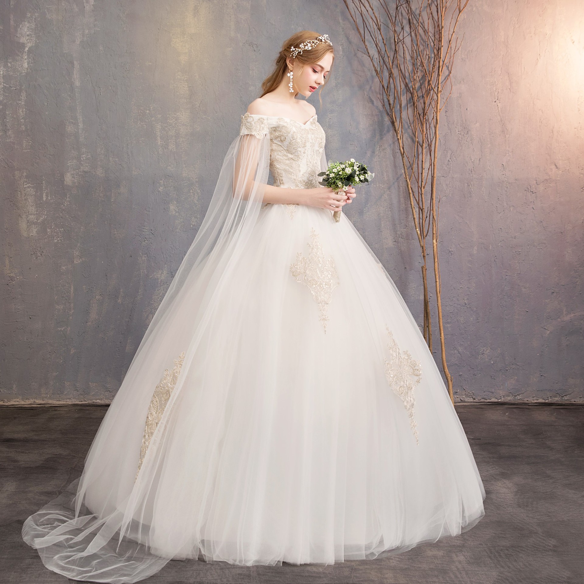 Wedding dress New slash neck strap floating bride wedding dress studio dresses