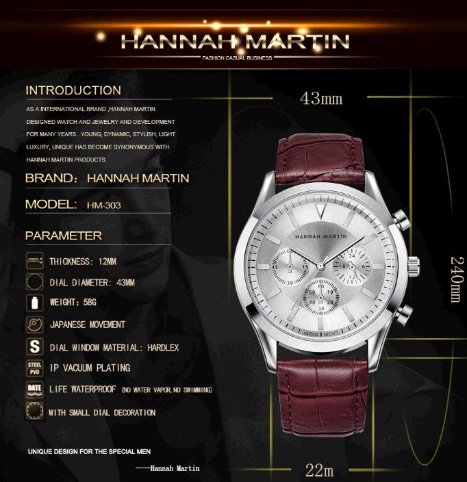 Hannah Martin Fashion Lady's Watch Wrist Leather Band Quartz Watch Wrist Movement Red Black Dial