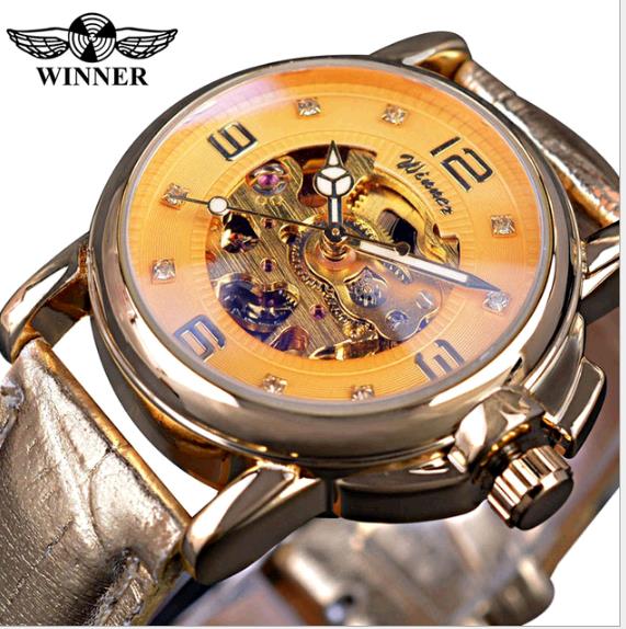 Winner Ladies Diamond Display Women Luxury Skeleton Transparent Case Automatic Mechanical Watches