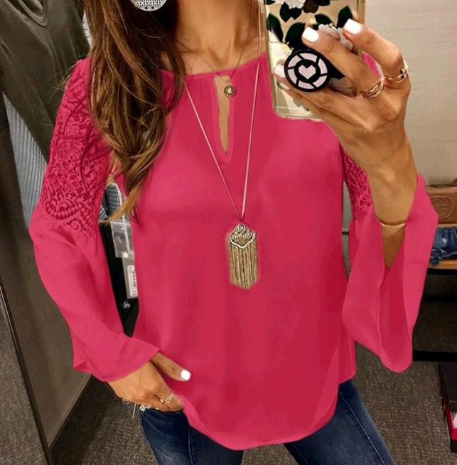 Women's Lace V-neck Embroidered Long Sleeve Shirt tops