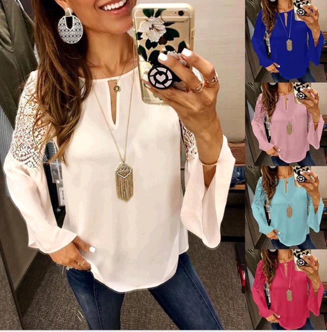 Women's Lace V-neck Embroidered Long Sleeve Shirt tops