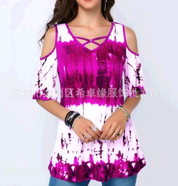 Women's Fashion Short Sleeve Tunic Tops Ladies Sexy V-neck Print Plus Size S-5XL Tops Off Shoulder