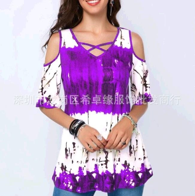 Women's Fashion Short Sleeve Tunic Tops Ladies Sexy V-neck Print Plus Size S-5XL Tops Off Shoulder