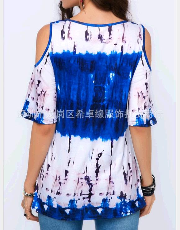 Women's Fashion Short Sleeve Tunic Tops Ladies Sexy V-neck Print Plus Size S-5XL Tops Off Shoulder