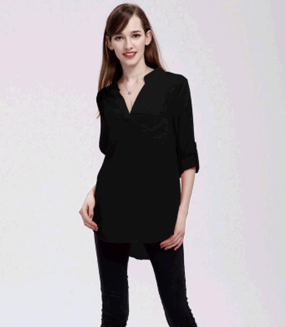 Plus Size S-5XL Women's Fashion Casual Chiffon Tops V-neck Solid Color Ladies Sexy Long Sleeve Shirt