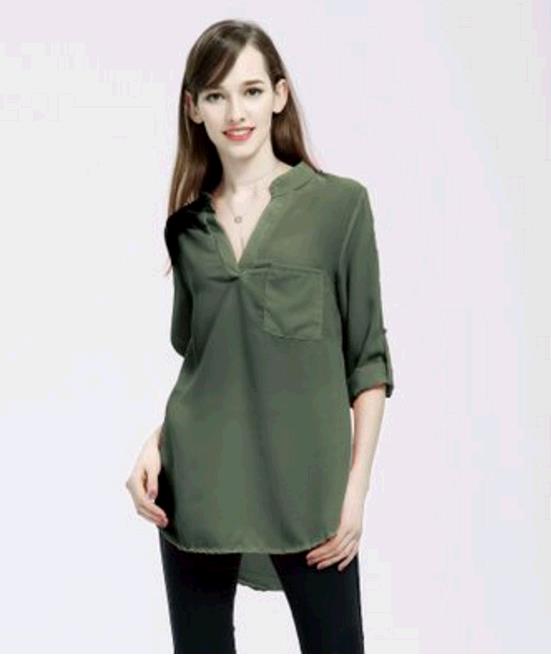 Plus Size S-5XL Women's Fashion Casual Chiffon Tops V-neck Solid Color Ladies Sexy Long Sleeve Shirt
