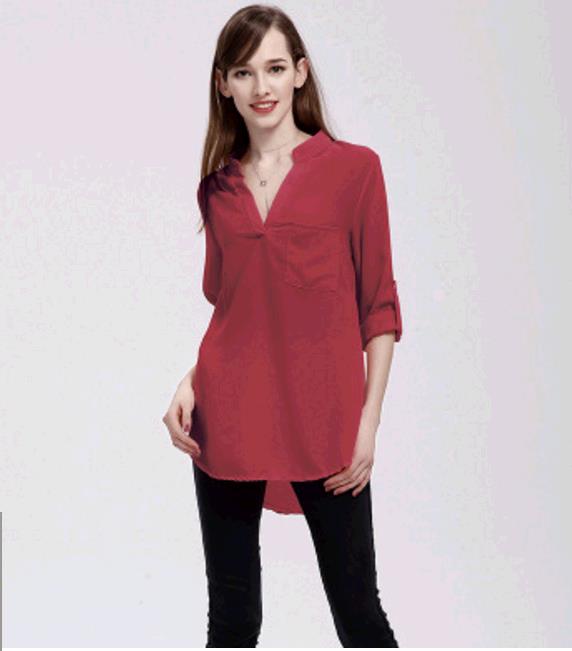 Plus Size S-5XL Women's Fashion Casual Chiffon Tops V-neck Solid Color Ladies Sexy Long Sleeve Shirt