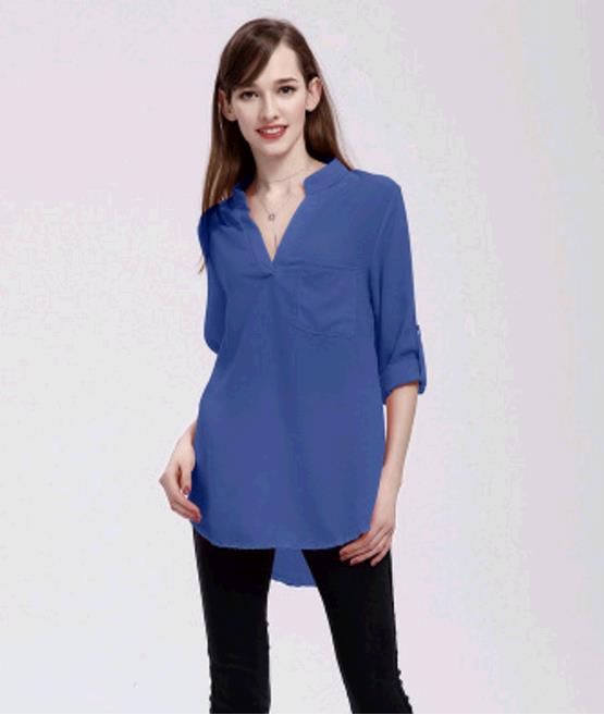 Plus Size S-5XL Women's Fashion Casual Chiffon Tops V-neck Solid Color Ladies Sexy Long Sleeve Shirt