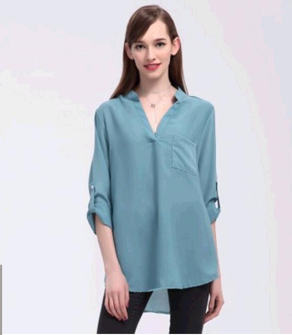 Plus Size S-5XL Women's Fashion Casual Chiffon Tops V-neck Solid Color Ladies Sexy Long Sleeve Shirt