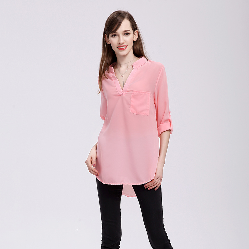 Plus Size S-5XL Women's Fashion Casual Chiffon Tops V-neck Solid Color Ladies Sexy Long Sleeve Shirt