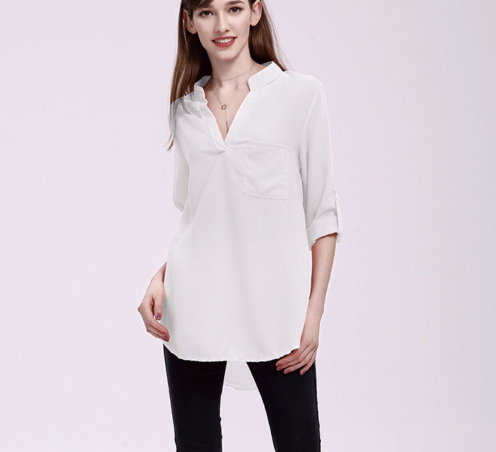 Plus Size S-5XL Women's Fashion Casual Chiffon Tops V-neck Solid Color Ladies Sexy Long Sleeve Shirt
