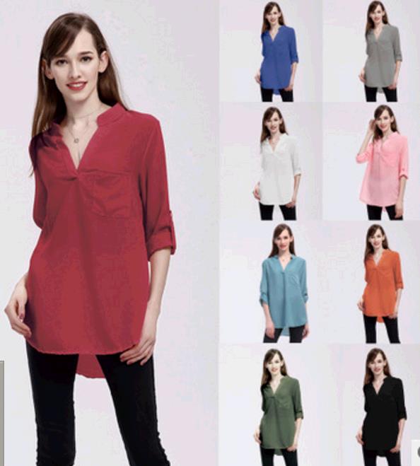 Plus Size S-5XL Women's Fashion Casual Chiffon Tops V-neck Solid Color Ladies Sexy Long Sleeve Shirt