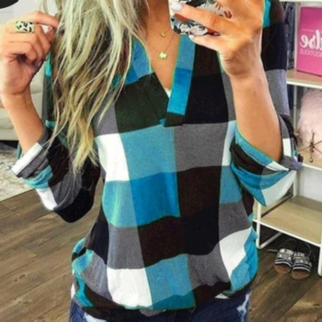 Women's Casual Cotton Long Sleeve Plaid Shirt Ladies Slim Blouse Tops Plus Size XS-5XL