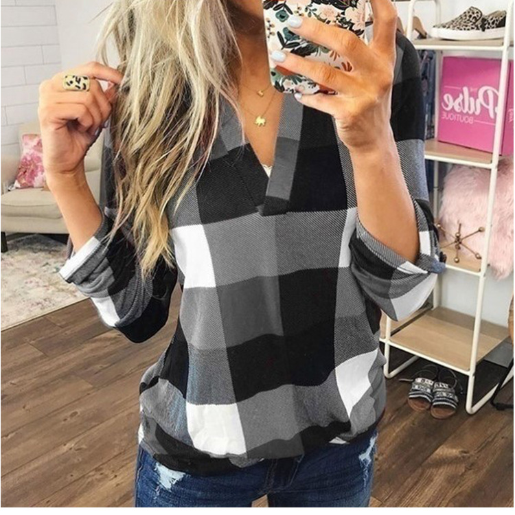 Women's Casual Cotton Long Sleeve Plaid Shirt Ladies Slim Blouse Tops Plus Size XS-5XL