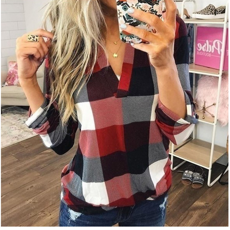 Women's Casual Cotton Long Sleeve Plaid Shirt Ladies Slim Blouse Tops Plus Size XS-5XL