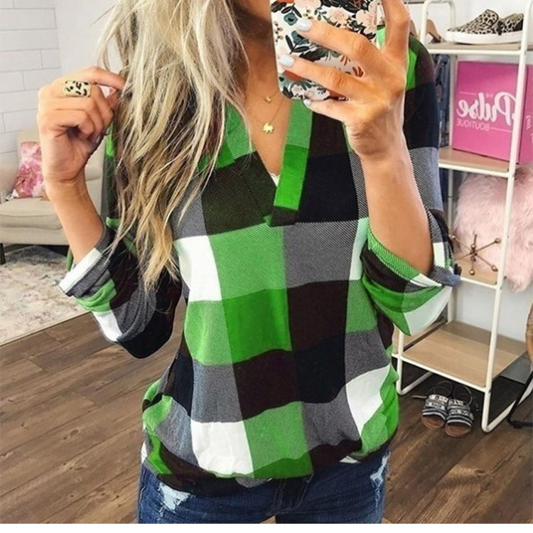 Women's Casual Cotton Long Sleeve Plaid Shirt Ladies Slim Blouse Tops Plus Size XS-5XL